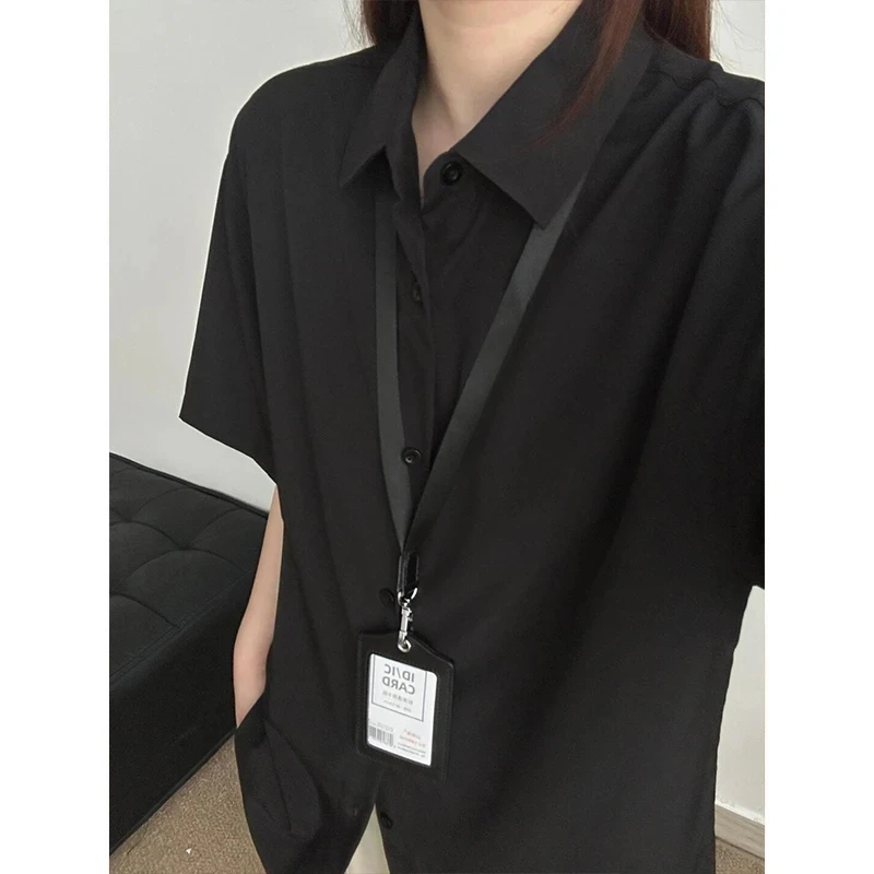 冰丝短袖衬衫男士夏季薄款休闲外套潮流痞帅宽松百搭黑色衬衣半袖