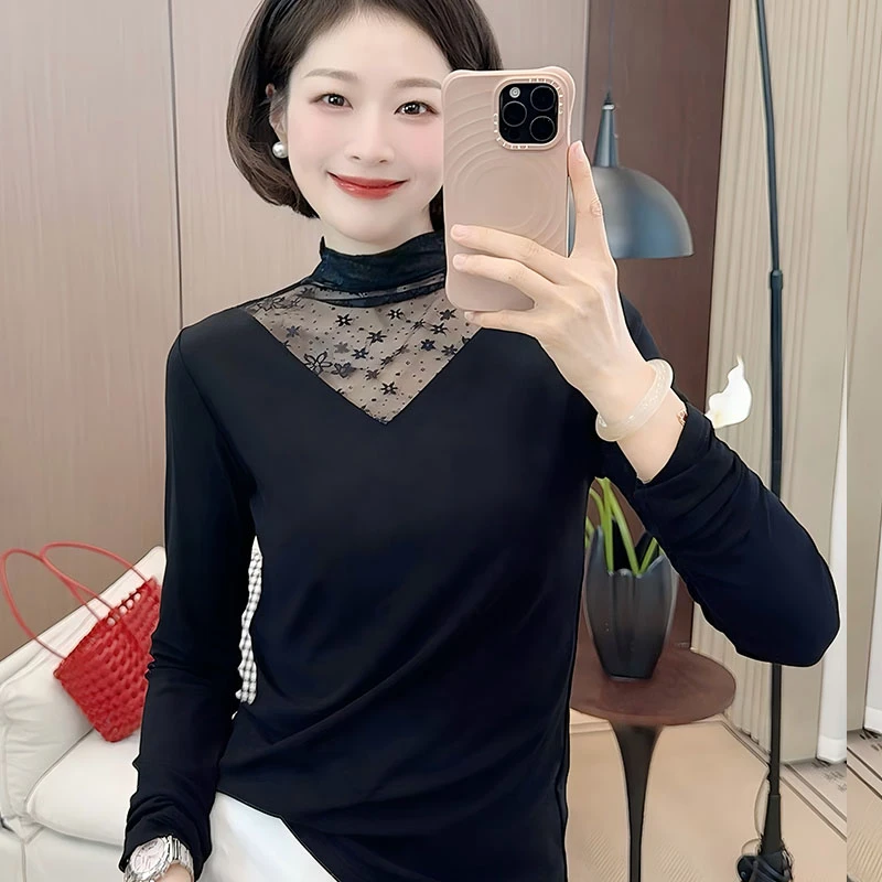 2025年秋冬蕾丝拼接加绒小高领T恤长袖女修身显瘦设计小众上衣