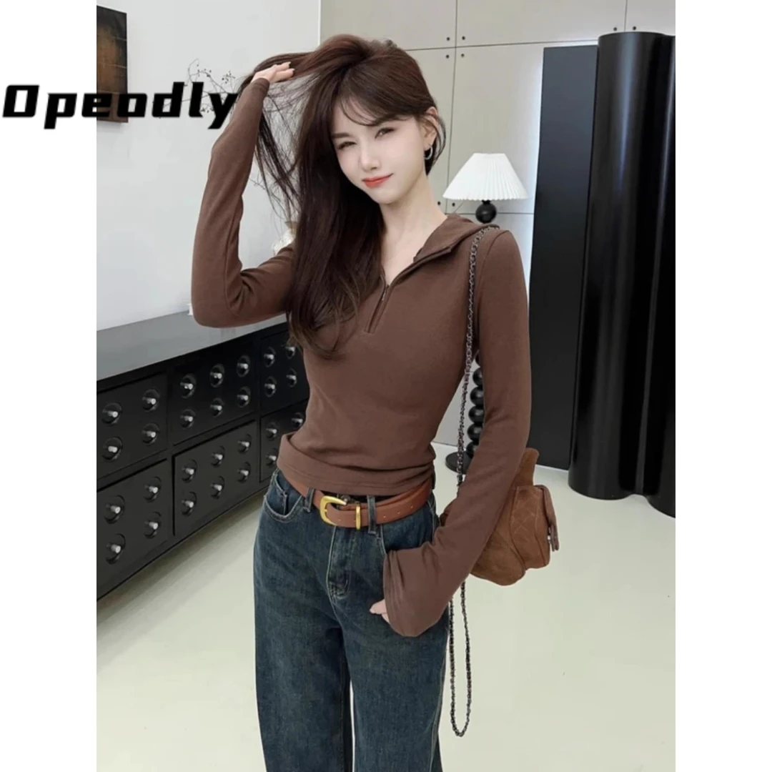 Opeodly时尚休闲打底内搭美式街头螺纹拉链修身百搭连帽卫衣T恤女