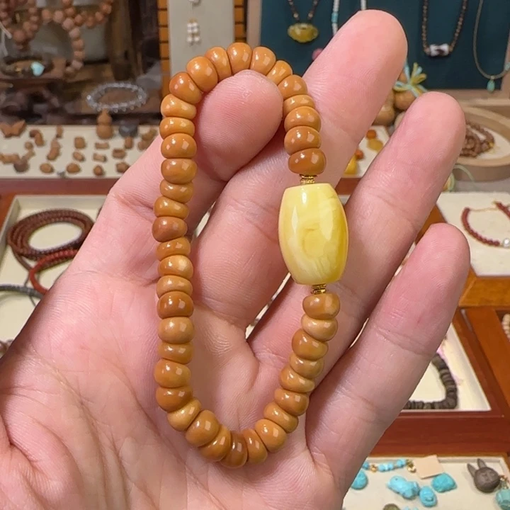 蜜蜡未镶嵌裸石蜜蜡桶珠配龙脊菩提大肠手串