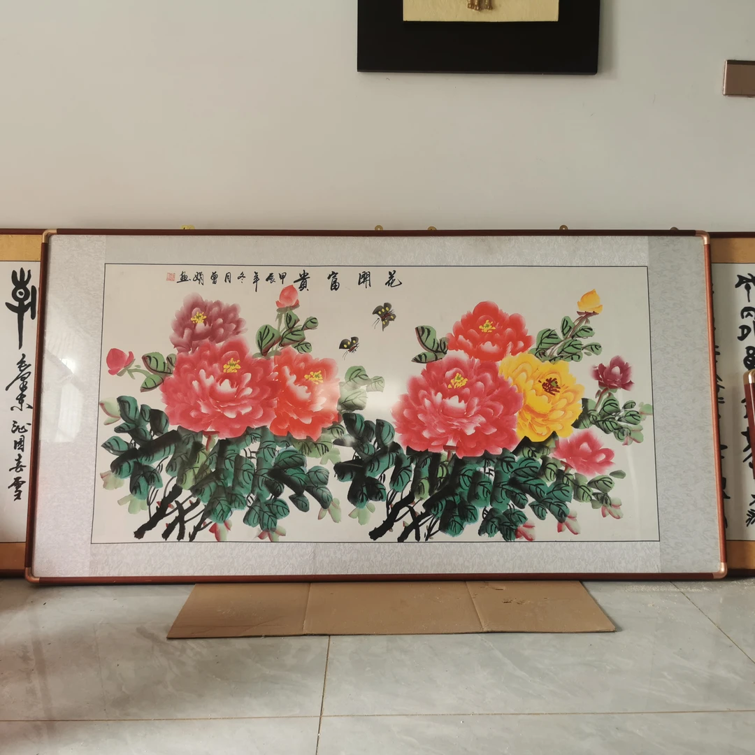 实木画框牡丹花装裱内径160*80(cm)，框规格25×30(mm)