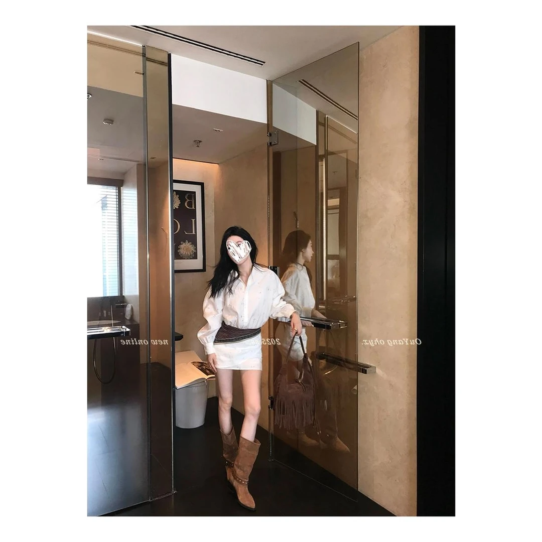 HEYUAN镂空长袖衬衫连衣裙女春季白色辣妹短裙收腰修身显瘦裙子