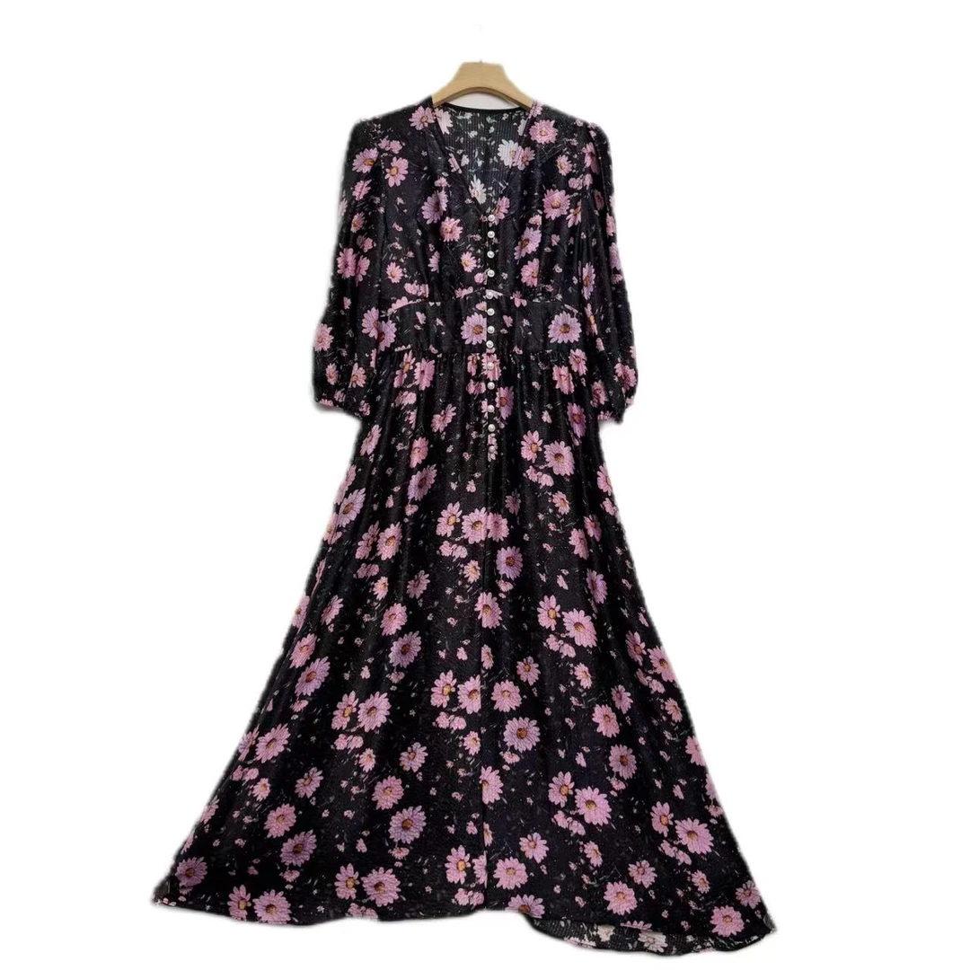 【多米拉】02625泡泡段桑蚕丝连衣裙时尚气质女装洋气