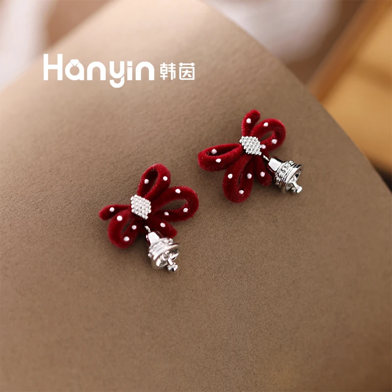 铜合金合成锆石耳饰 925银针安克拉红丝绒蝴蝶结耳钉AAA