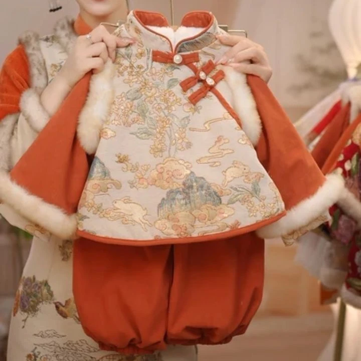新款汉服女童中国风冬季加绒加厚套装国风新年宝宝拜年服周岁礼服