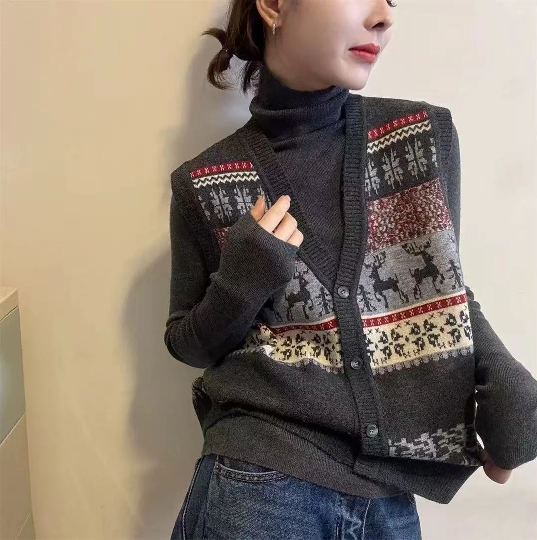 【复古两件套】费尔岛提花V领针织马甲+内搭堆堆领长袖打底衫秋冬款