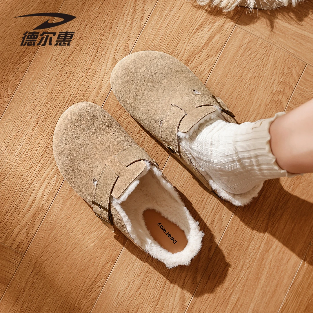 加绒勃肯鞋女款2025新款冬季真皮加厚保暖抗寒一脚蹬半拖休闲棉鞋