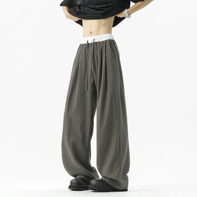 2025夏季新款美式复古亚麻拼接宽松长裤男士慵懒垂感直筒休闲裤