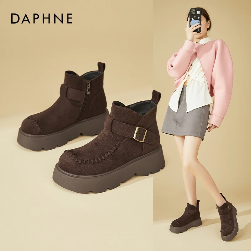 Daphne/达芙妮勃肯厚底短靴子女2025年秋冬英伦风时尚加绒马丁靴