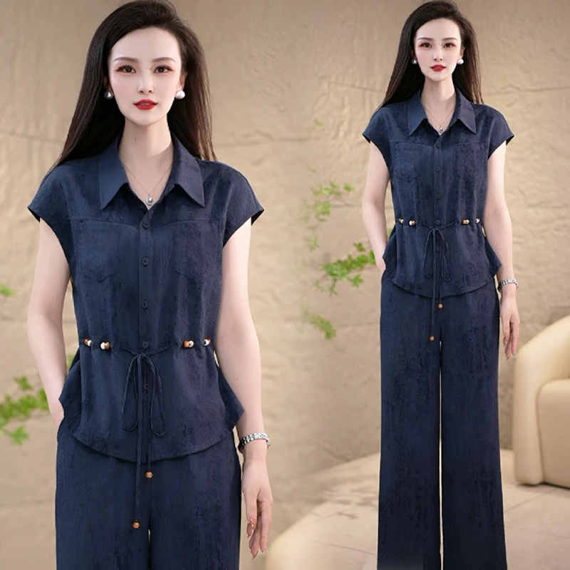 时尚洋气套装女夏装新款收腰减龄短袖衬衫休闲阔腿裤气质两件套潮