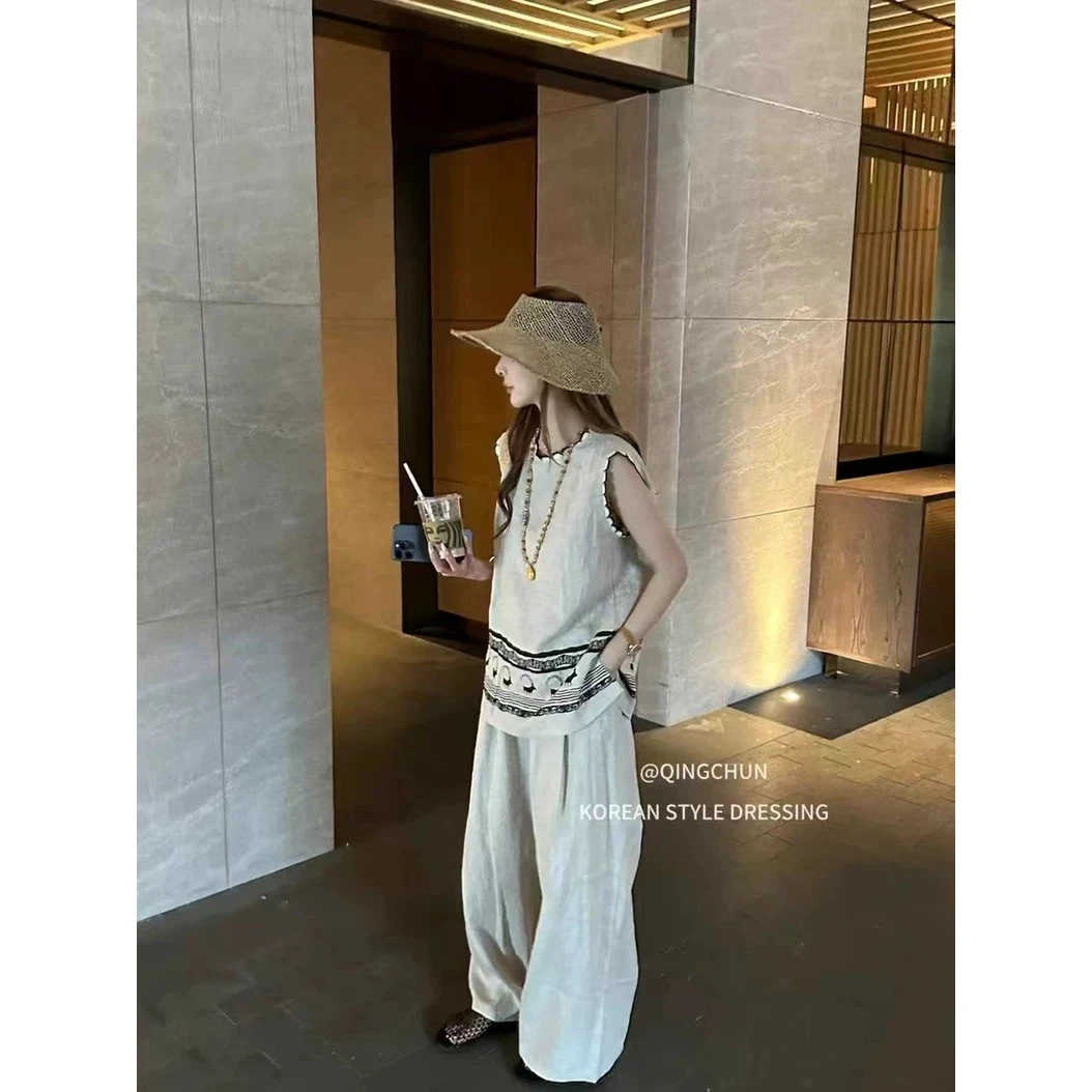 【栀子花】真两件套背心+长裤松弛感夏季气质花边设计感休闲套装