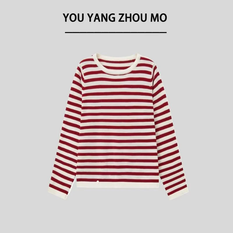 有氧周末/秋冬复古穿搭显瘦简约绵羊毛针织条纹衫HY2509