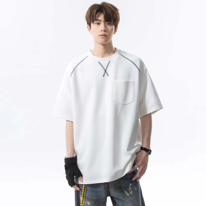 插肩短袖t恤男夏季新款美式宽松半袖体恤男士小众设计感痞帅上衣T