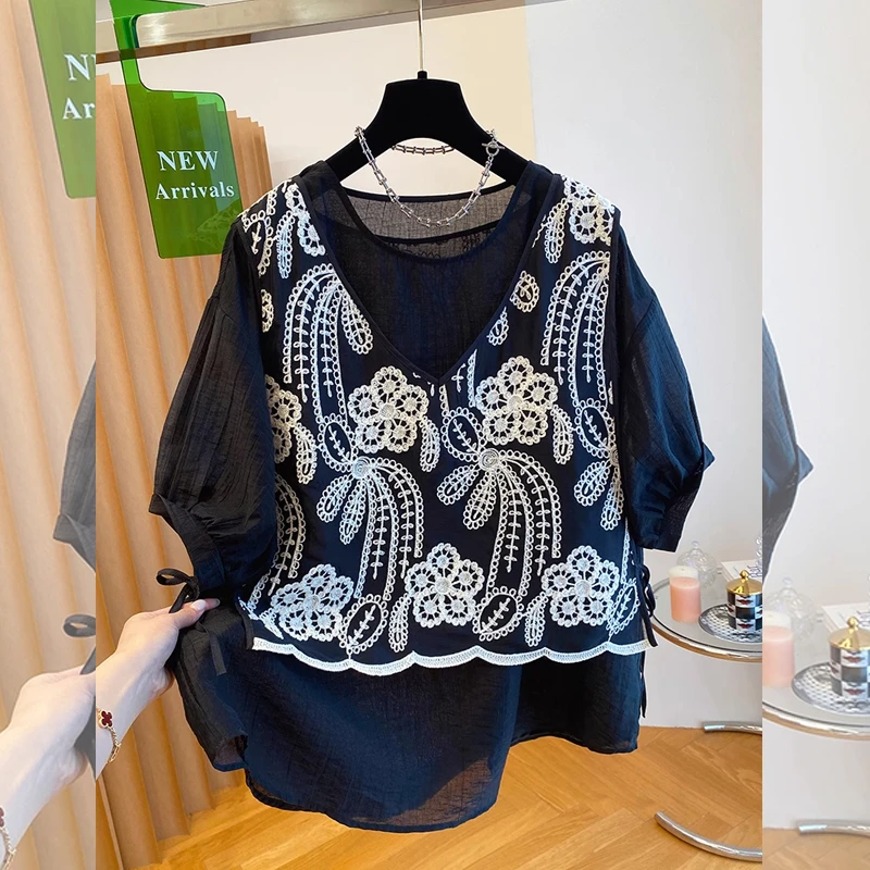 网纱刺绣碎花假两件大码女衬衫夏季宽松胖MM显瘦韩版个性减龄时尚
