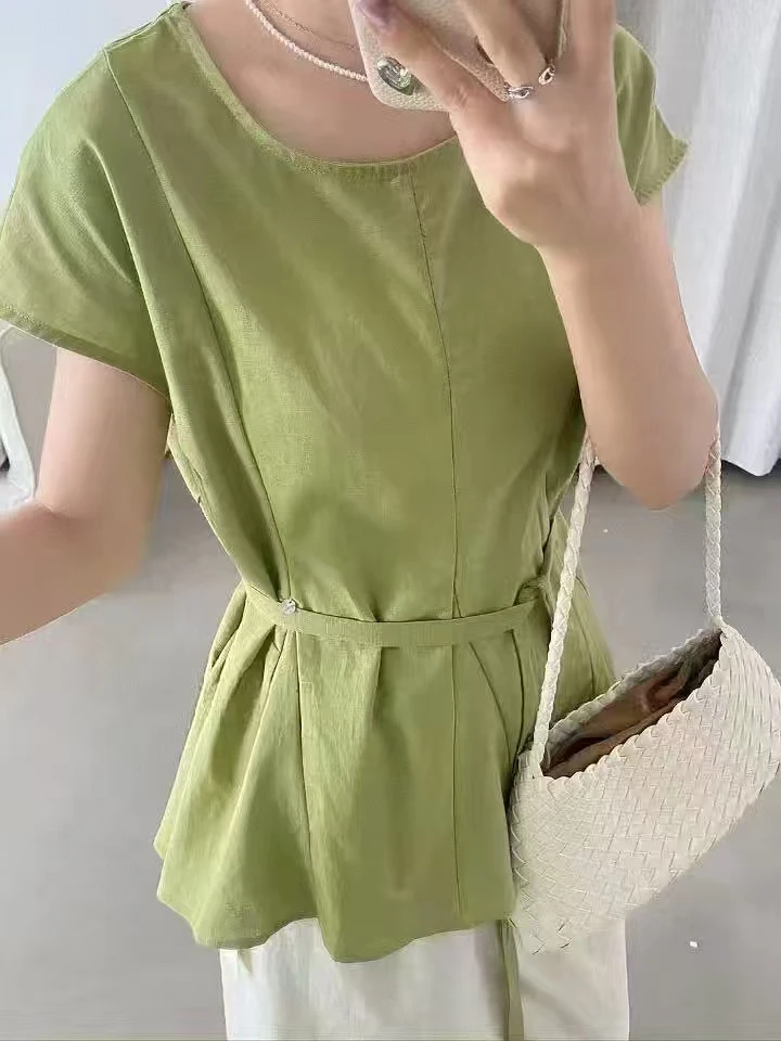 Datou 小众设计感收腰系带短袖衬衫12973