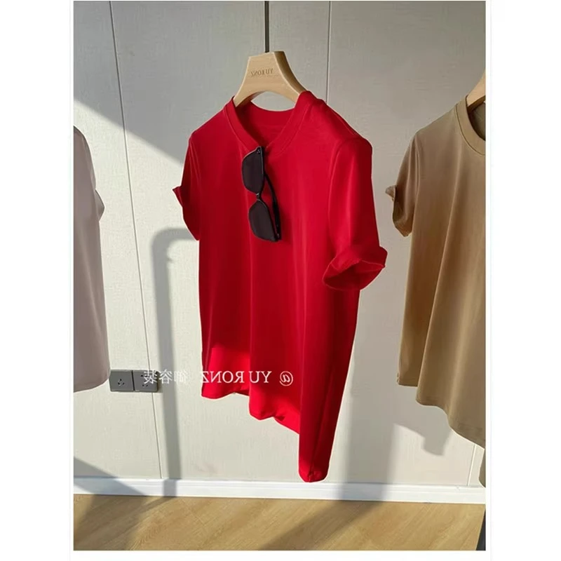 复古红色正肩t恤短袖女夏季小衫圆领宽松百搭显瘦洋气减龄上衣薄