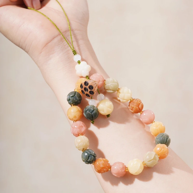 菩提根雕刻莲花手机挂饰防丢挂绳古风手持手环手饰天然菩提根材质