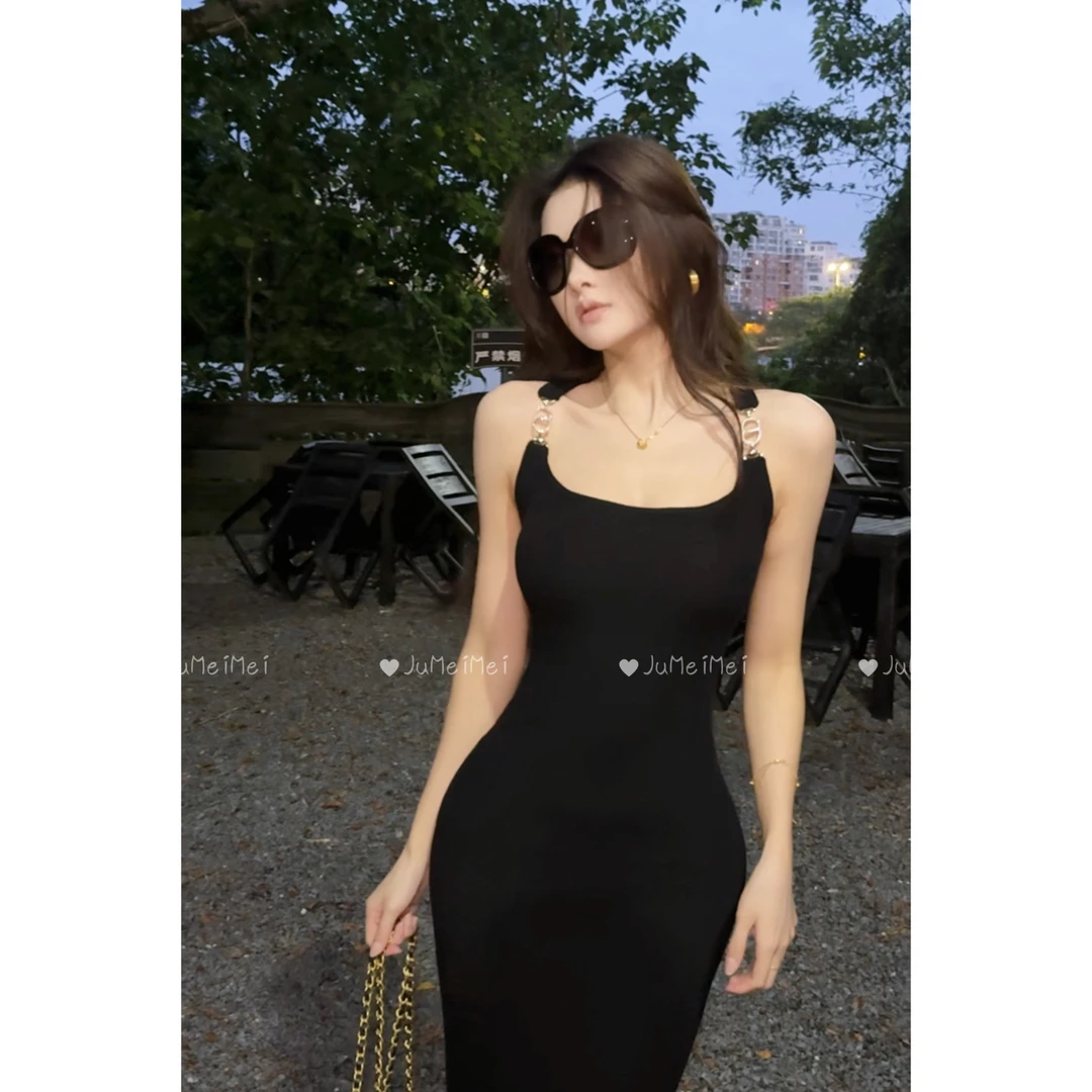 Crainfull【黑天鹅】链条肩带12针毛织修身包臀气质长裙早秋打底裙