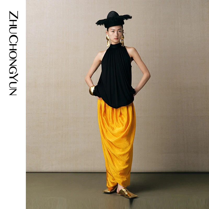 【大秀同款】ZHUCHONGYUN2025夏新款立领褶皱显瘦上衣C1FZ20261