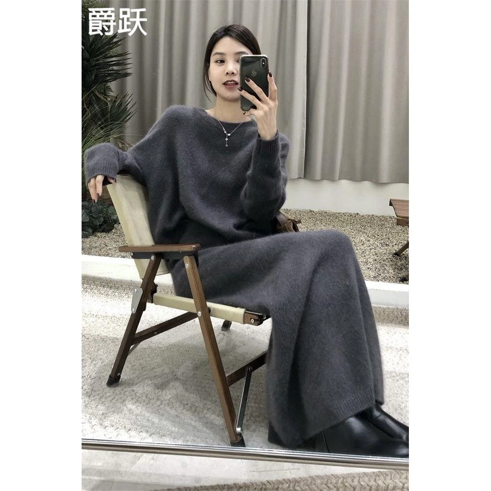 韩版时尚慵懒风灰色毛衣套装女秋冬新款气质显瘦半身裙针织两件套