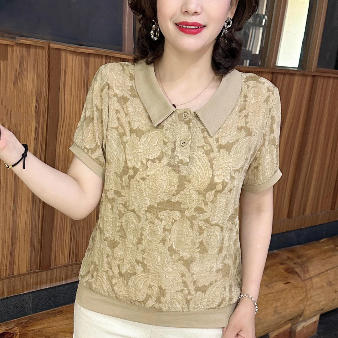 时尚妈妈装翻领短袖上衣女H夏季新款洋气提花休闲减龄显瘦T恤小衫