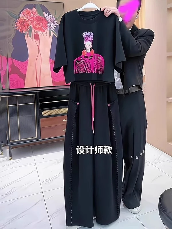 欧货休闲运动套装女夏季2025新款时尚洋气设计感镰刀阔腿裤两件套