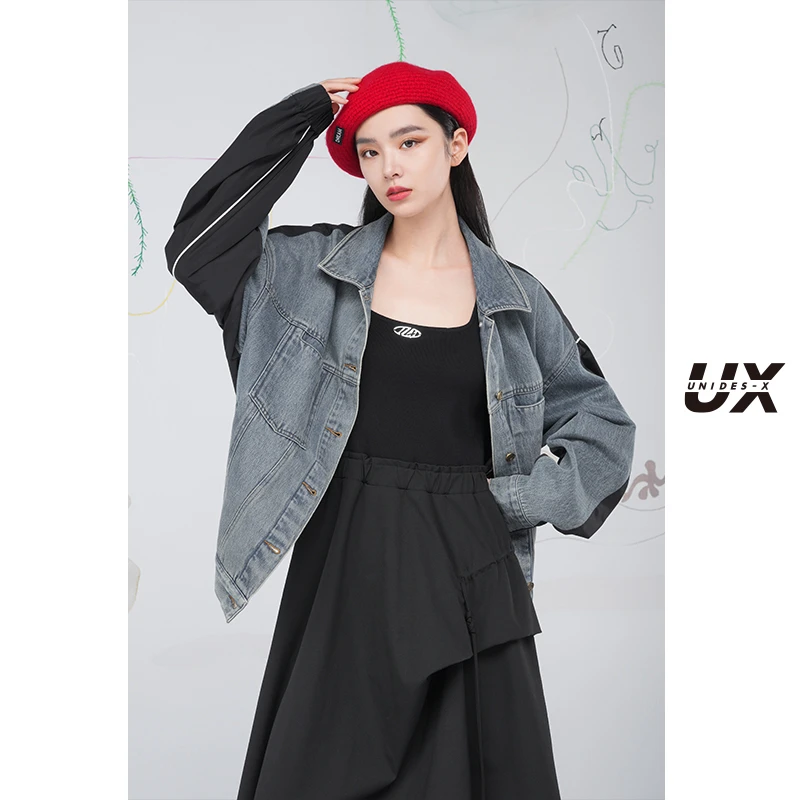 UX新款复古水洗做旧拼接蓝色牛仔外套yc