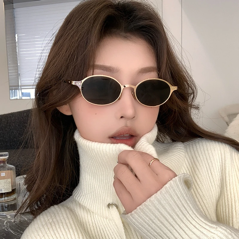 高级感金属韩版凹造型椭圆框复古小框墨镜女潮小脸遮阳太阳眼镜