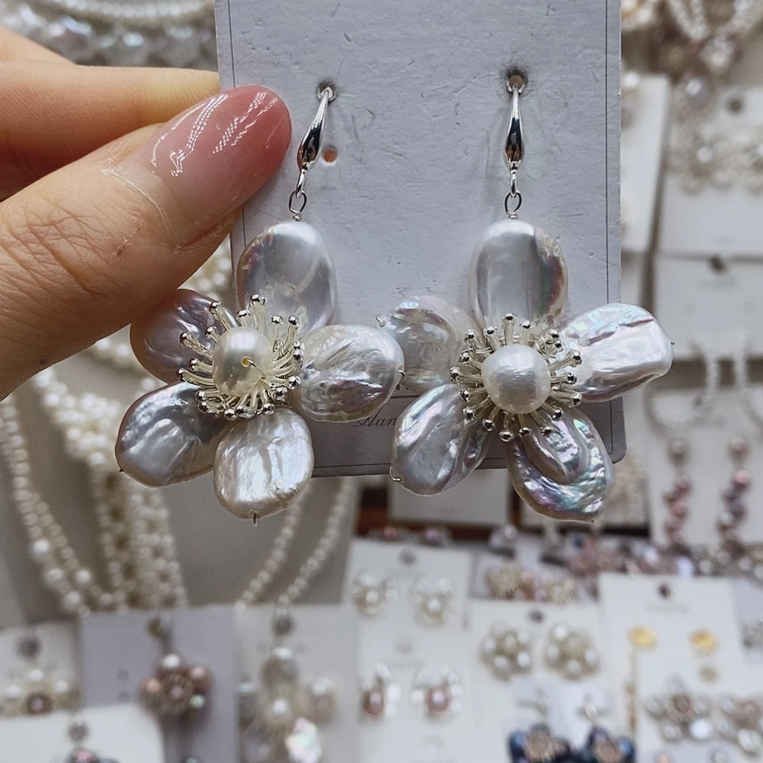 耳饰银S925镶嵌淡水珍珠