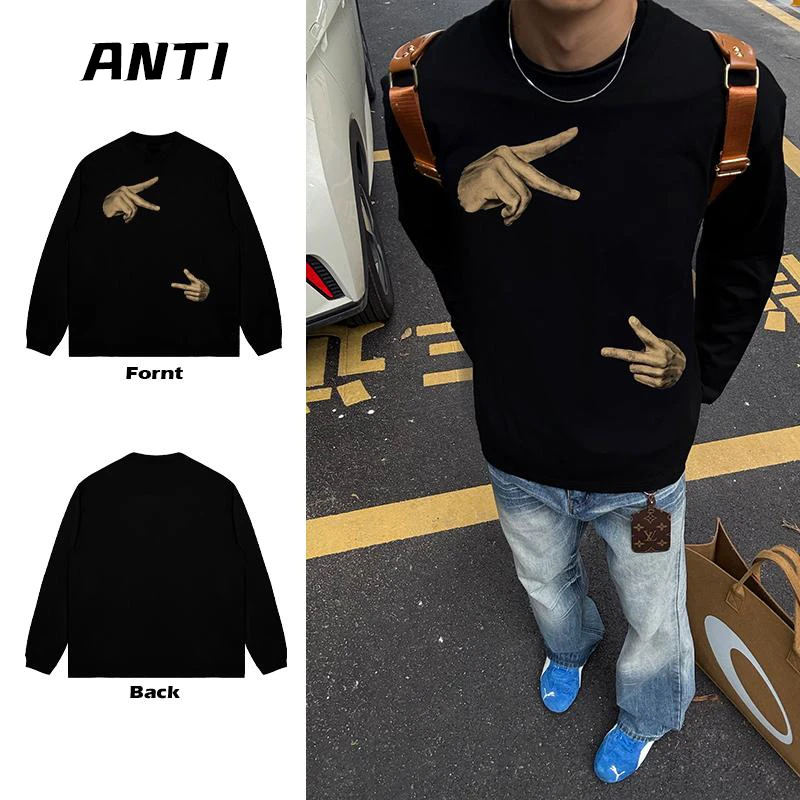 美式高街宽松圆领比耶手势简约印花重磅落肩校园情侣纯棉长袖T恤