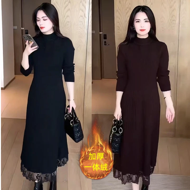 加厚中长款一体绒针织连衣裙女秋冬过膝搭配大衣显瘦打底毛衣裙子