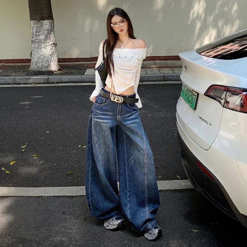 【稀有自制】秋款原牛复古深蓝牛仔裤女宽松复古直筒阔腿裤垂坠感