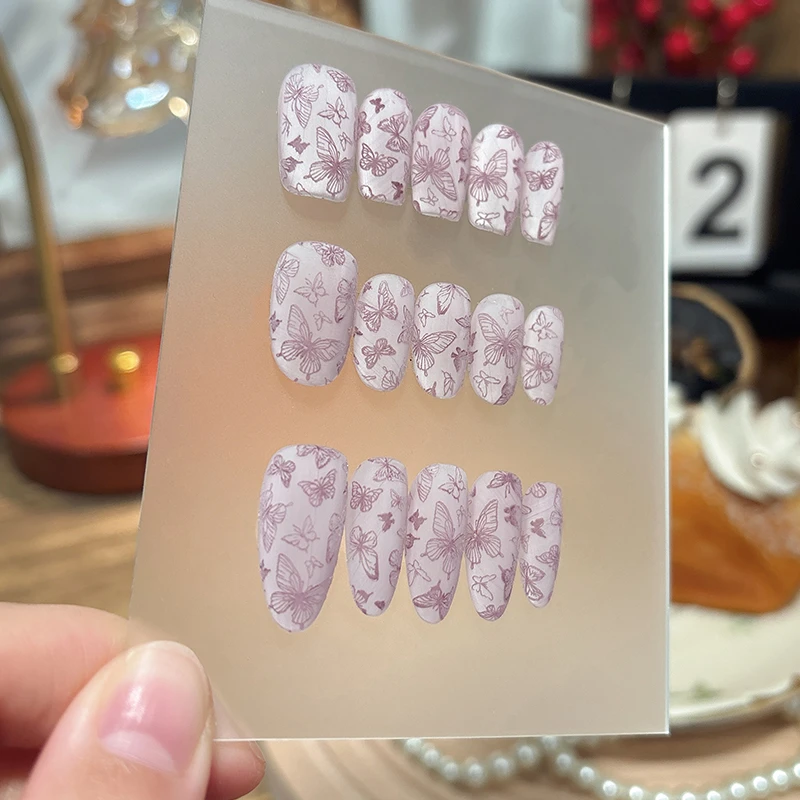 【香芋蝶】淡紫色梦幻蝴蝶磨砂冬季气质显白美甲纯手工穿戴甲