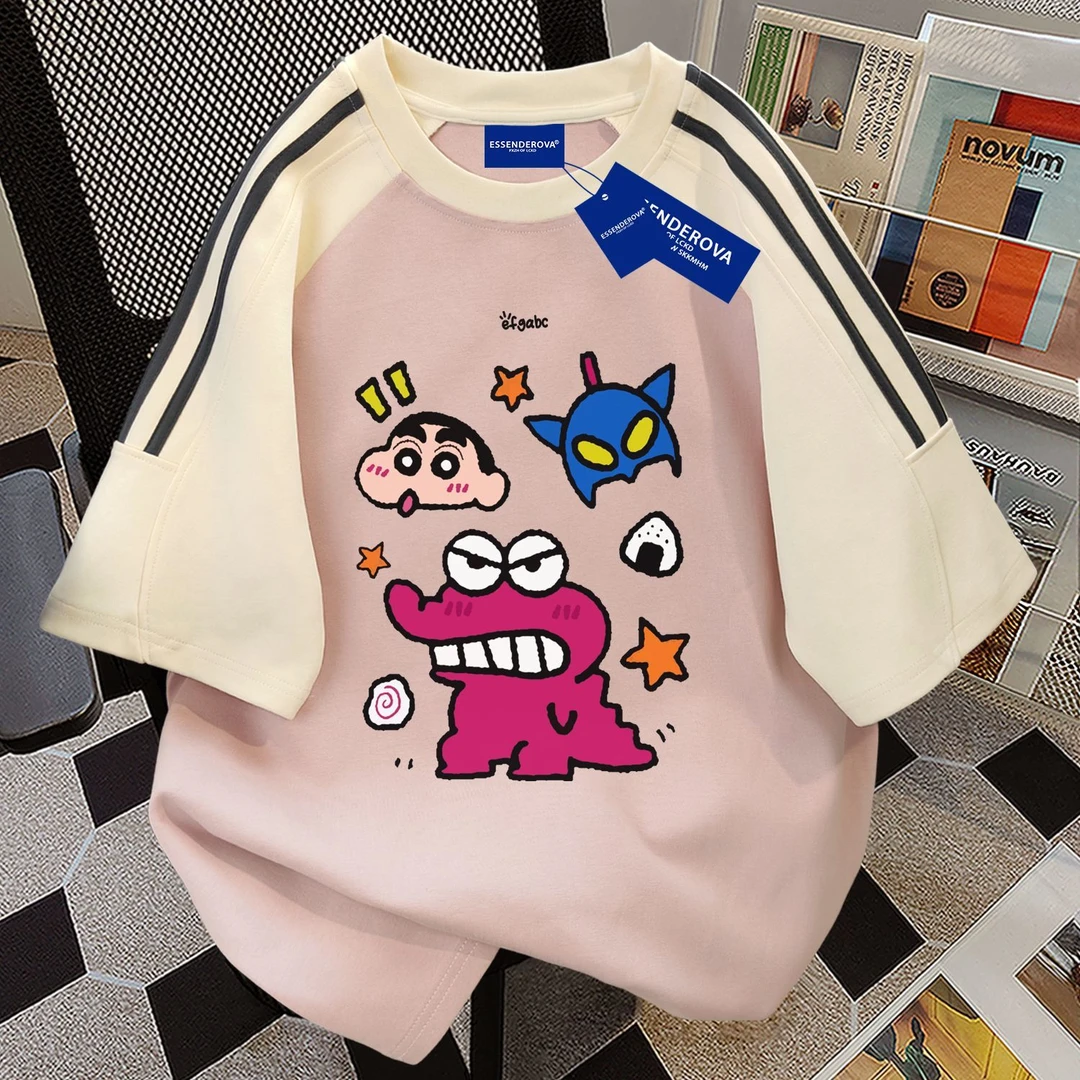 100%纯棉夏季短袖校园风蜡笔小新宽松圆领情侣t恤男女拼接上衣服