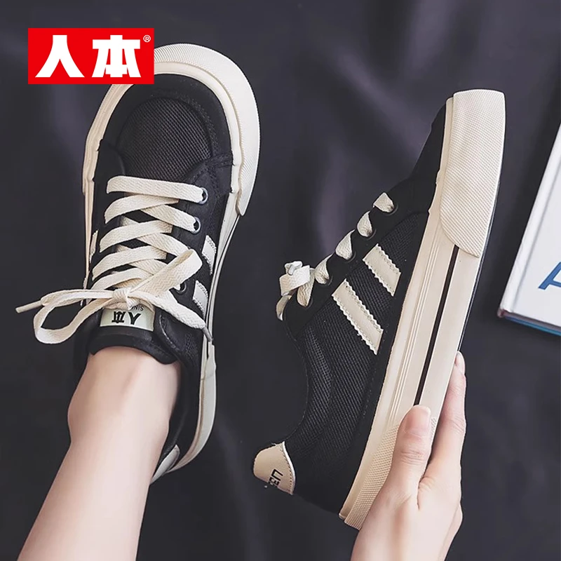 人本帆布鞋女款2025夏季新款透气薄款潮鞋高级感ins小众时尚网面