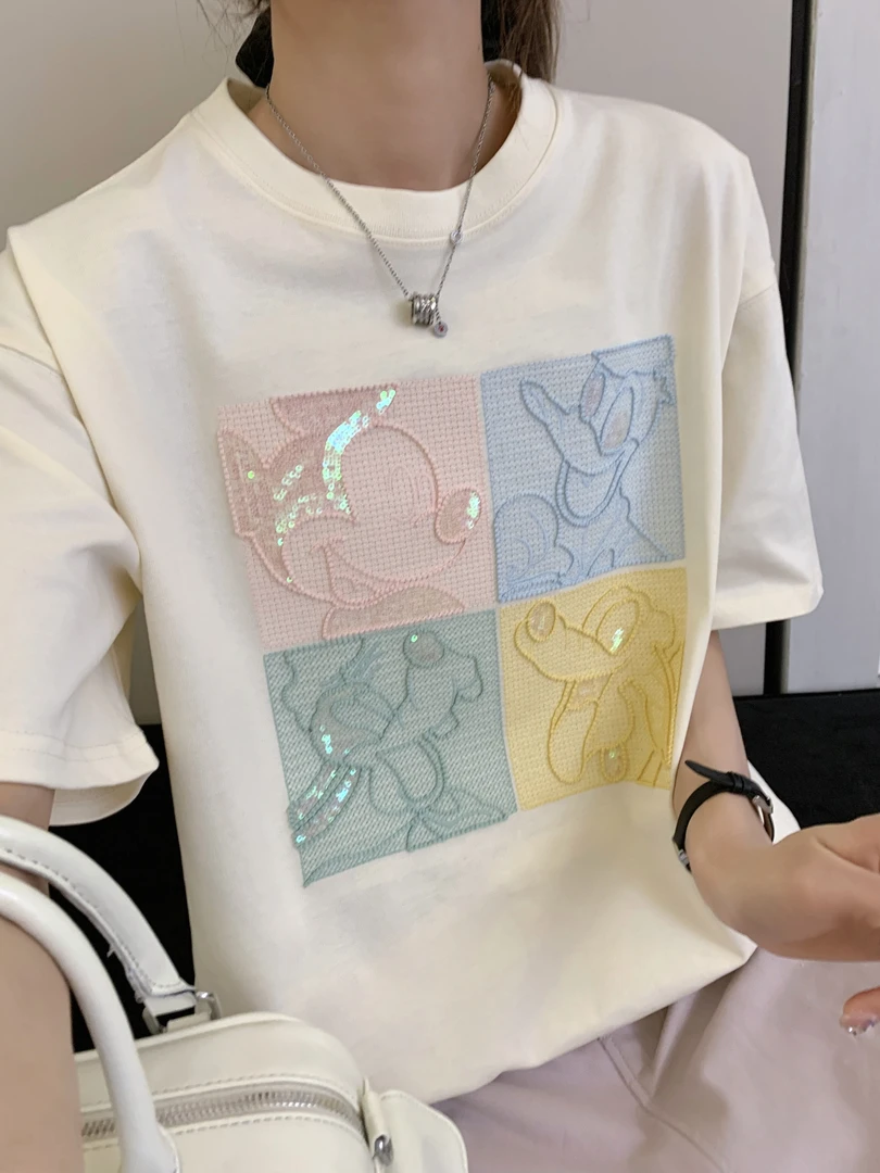 【787】夏季新款韩系简约百搭亮片四宫格T恤