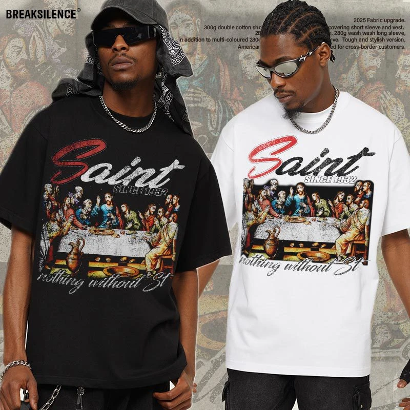 2025夏季最后晚餐油画高街欧美重磅T恤直喷印花纯棉短袖男女090