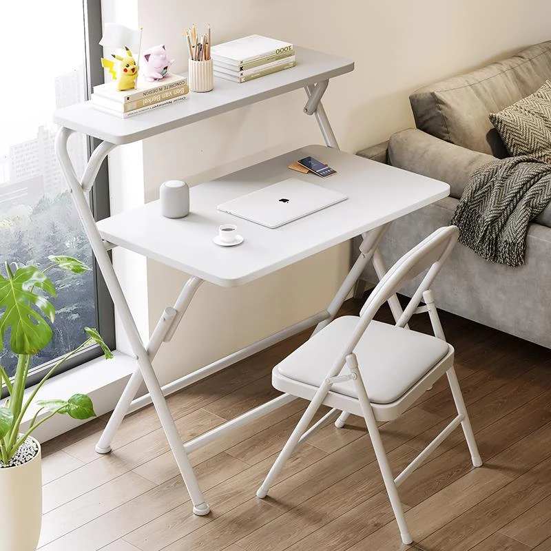 可折叠电脑桌学生家用卧室床边学习书桌书架一体桌子简易宿舍桌椅