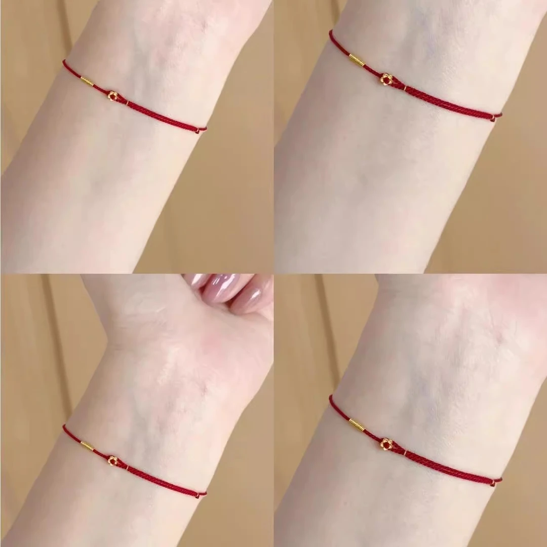 铜合金布艺手链 「小幸运」金色圈有钱花编绳手链极细红绳手绳女款