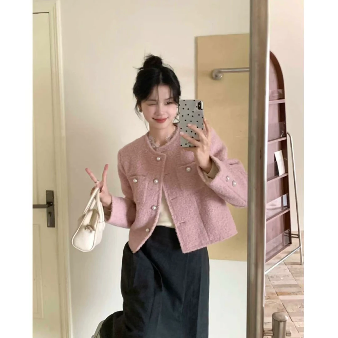 粉色小香风短外套2024秋冬新款韩版女装小个子内里加厚宽松上衣女
