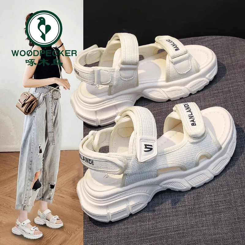 啄木鸟运动凉鞋女夏季2025新款百搭轻便厚底休闲沙滩鞋魔术贴凉鞋