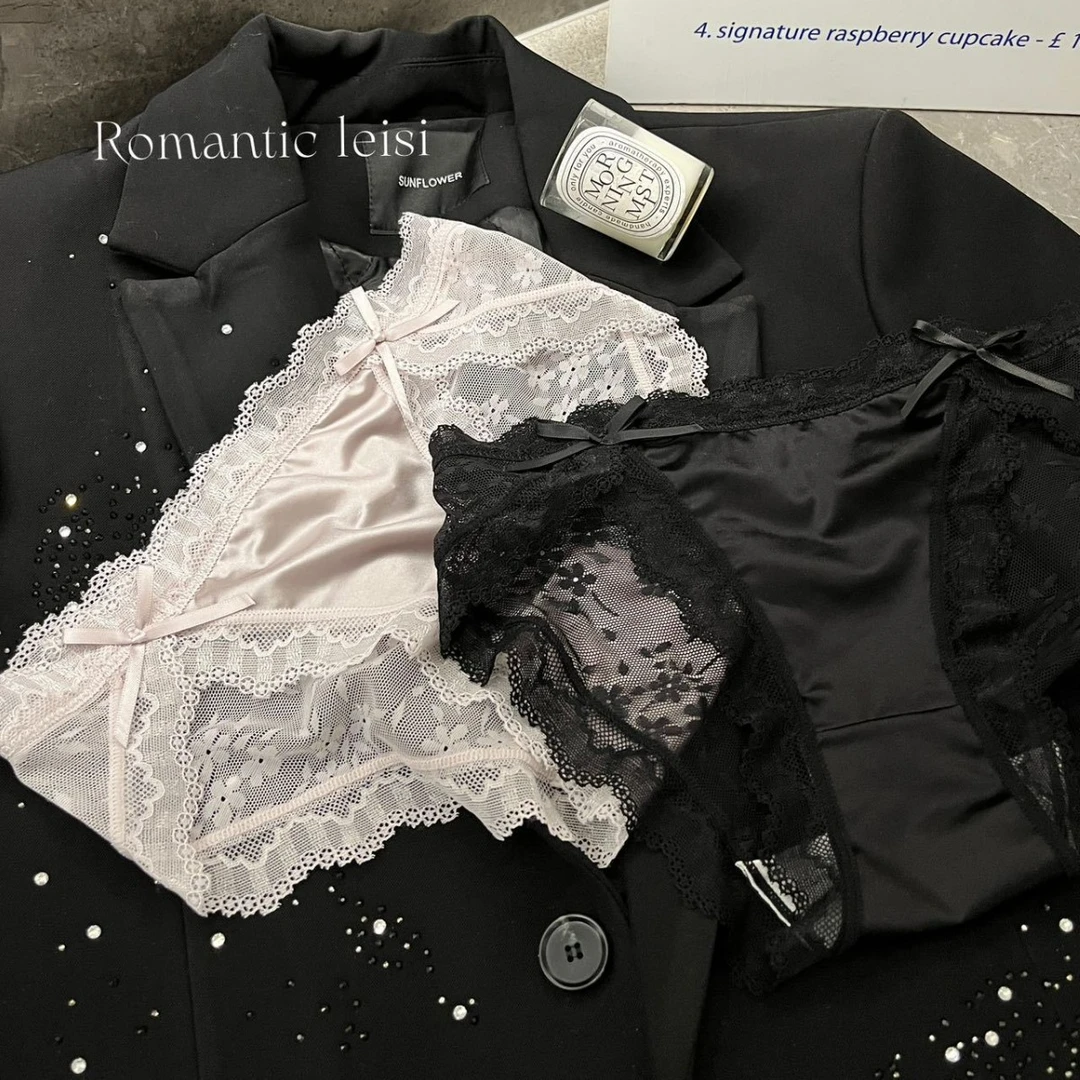 华尔缎面内裤女蕾丝性感迷人少女低腰纯裆纯欲风蝴蝶结三角裤短裤