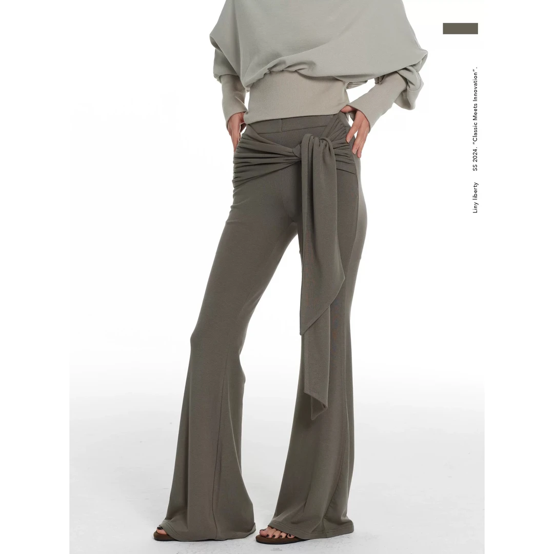 LINY LIBERTY 设计感系带修身高弹针织微喇拖地长裤