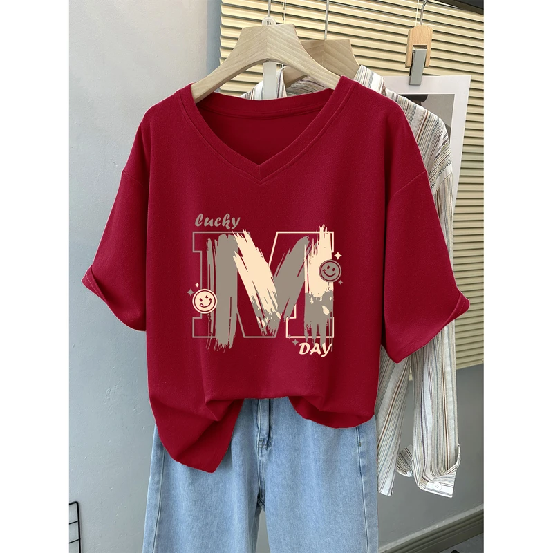 夏季美式宽松短袖t恤女胖mm大码显瘦设计感小众半袖休闲V领上衣潮