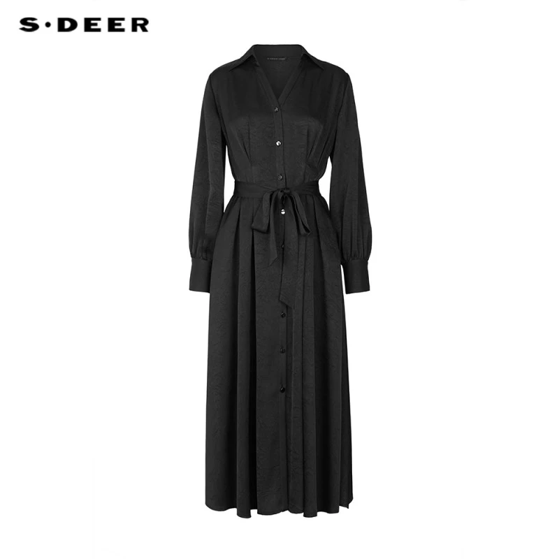 S·DEER圣迪奥秋季时尚轻奢黑色法式气质优雅显瘦收腰女装连衣裙