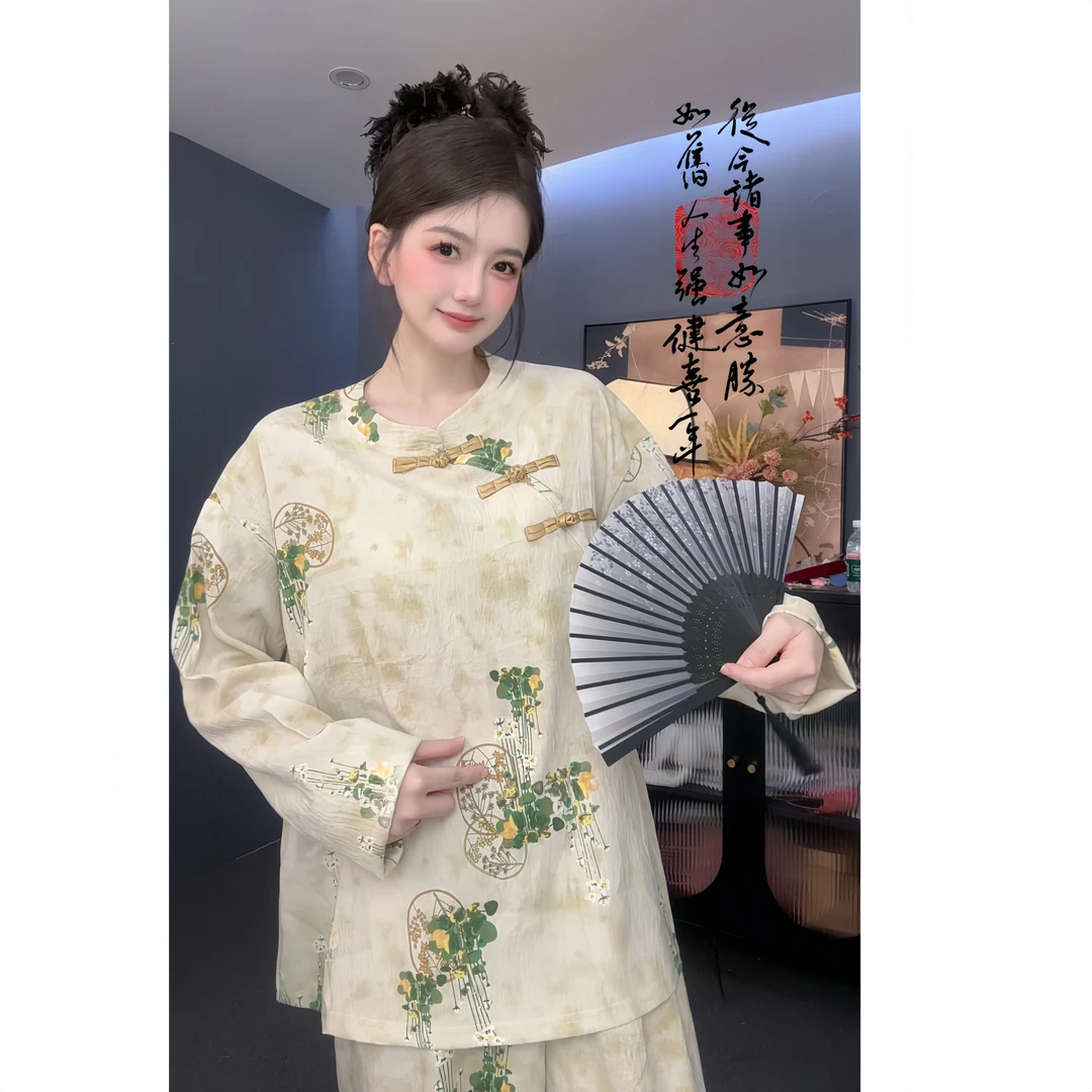 【月下清荷】原创新中式翻领长袖家居服春秋可外穿设计感睡衣套装