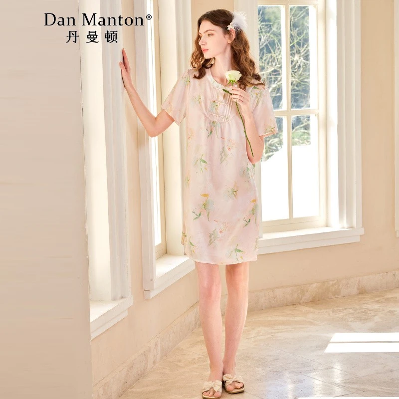 丹曼顿新款短袖印花睡裙女夏季印花新中式中国风家居服桑蚕丝睡衣