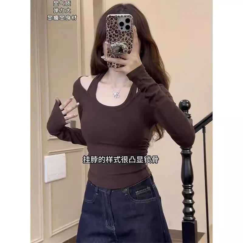 修身假两件新款紧身纯欲上衣长袖辣妹T恤显瘦打底短款秋季挂脖