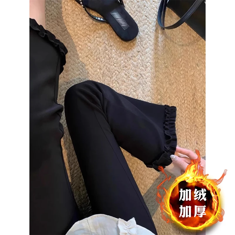 加绒黑色花边直筒休闲裤女2025秋冬新款高腰宽松显瘦九分阔腿裤子