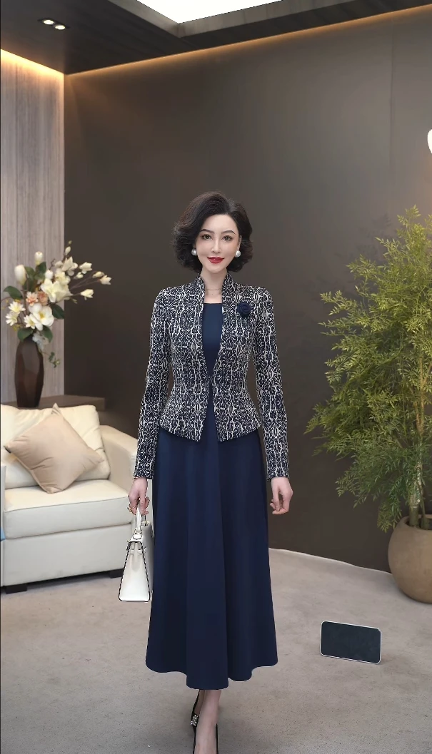 2025春新款藏蓝色多彩丝梭织浮雕提花假两件西装套装连衣裙WF3172